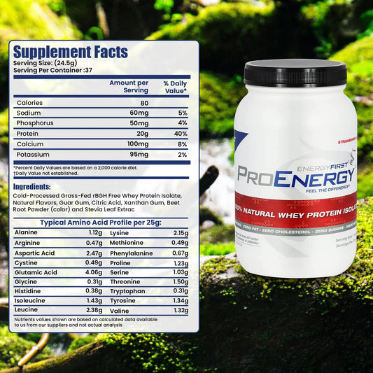 EnergyFirst strawberry whey protein bottle highlighting non-GMO and gluten-free formula