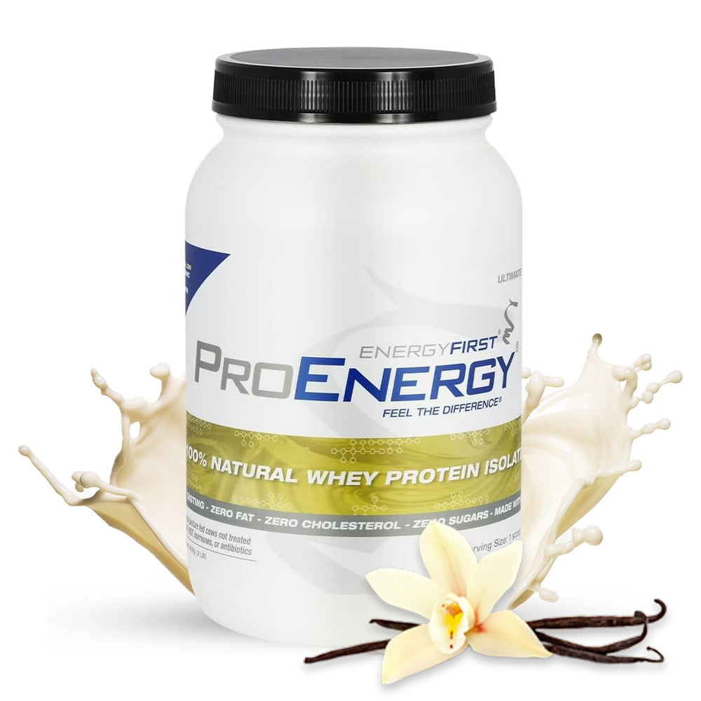 EnergyFirst Vanilla Whey Protein Isolate bottle pour, grass-fed lactose-free formula.