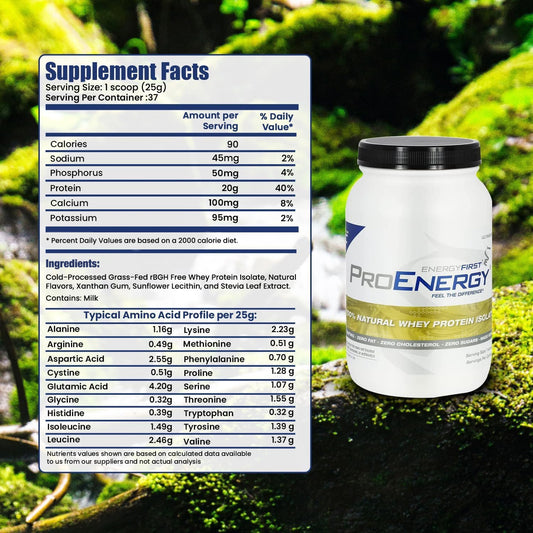 EnergyFirst vanilla label close-up showing gluten-free, all-natural ingredients.