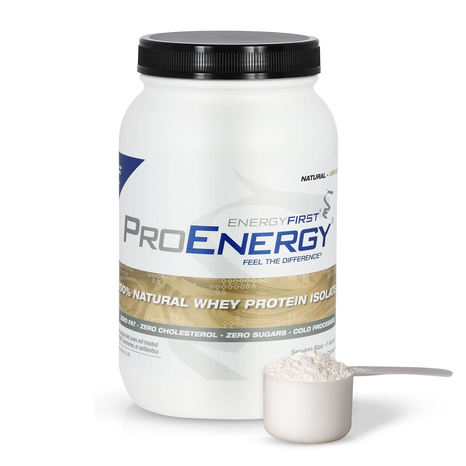 EnergyFirst whey protein isolate unflavored bottle shows grass-fed, hormone-free ingredients for lean muscle support.