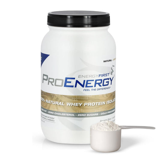 EnergyFirst whey protein isolate unflavored bottle shows grass-fed, hormone-free ingredients for lean muscle support.