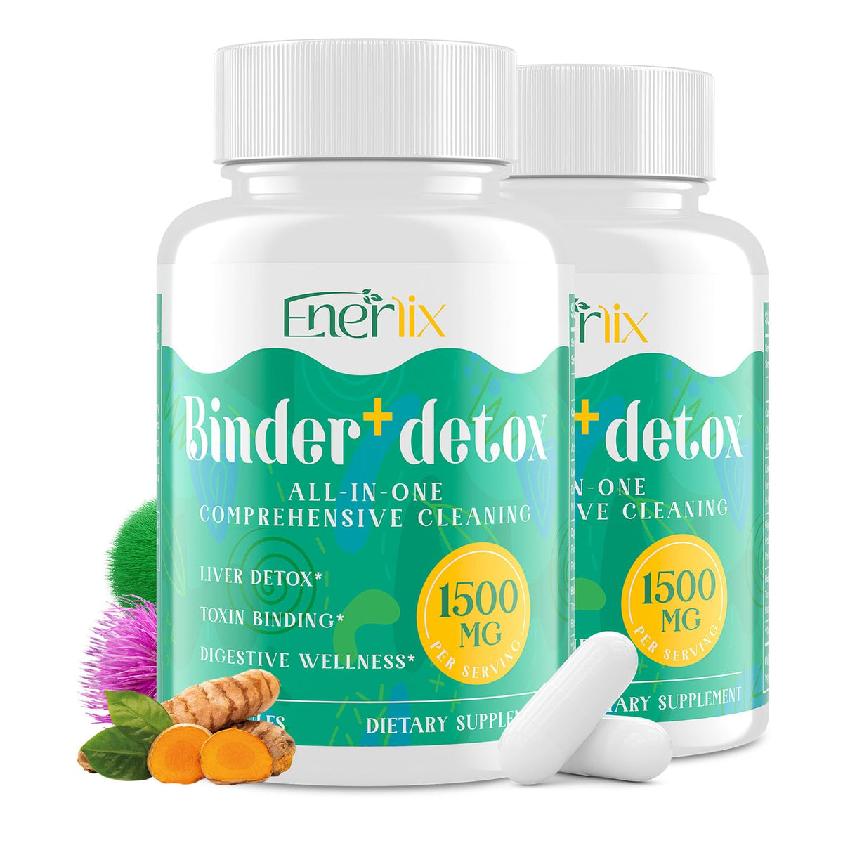 Enerlix 15-in-1 detox binder bottle for convenient daily cleansing.