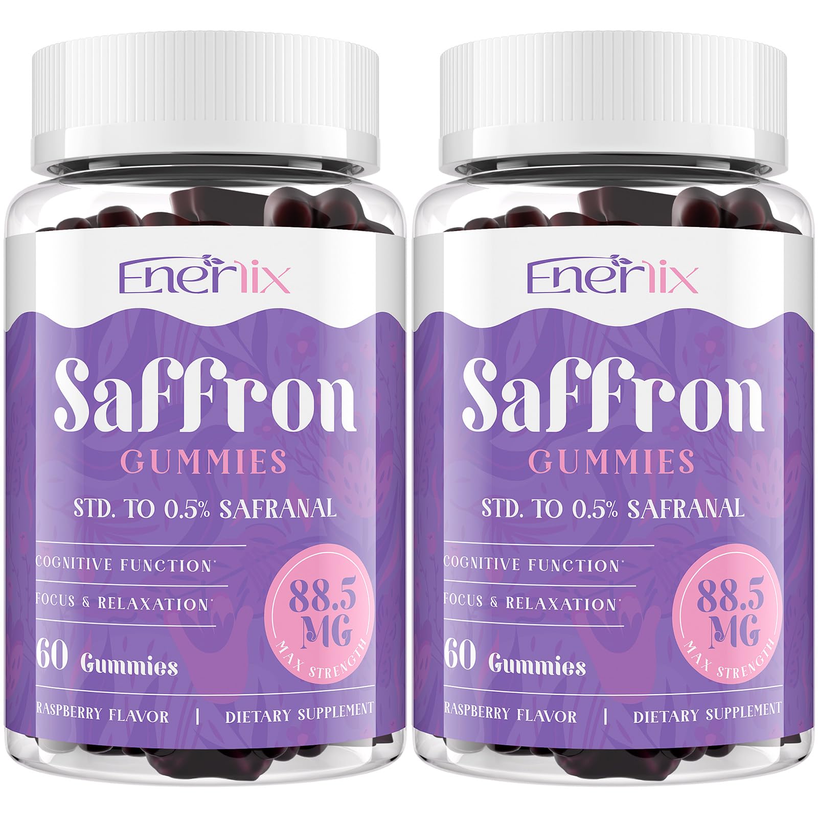 Enerlix Saffron Gummies bottle displaying 120 servings for daily mood and focus support.