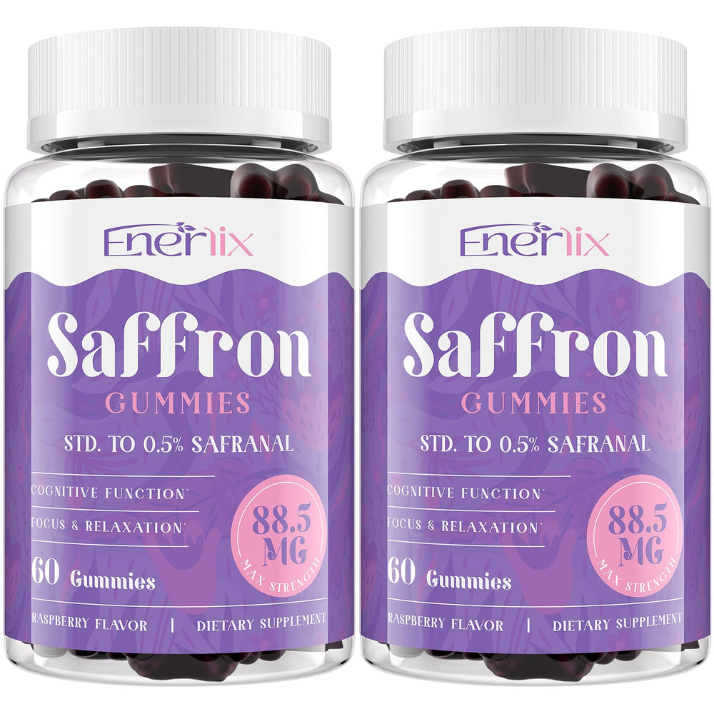 Enerlix Saffron Gummies bottle displaying 120 servings for daily mood and focus support.
