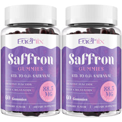 Enerlix Saffron Gummies bottle displaying 120 servings for daily mood and focus support.