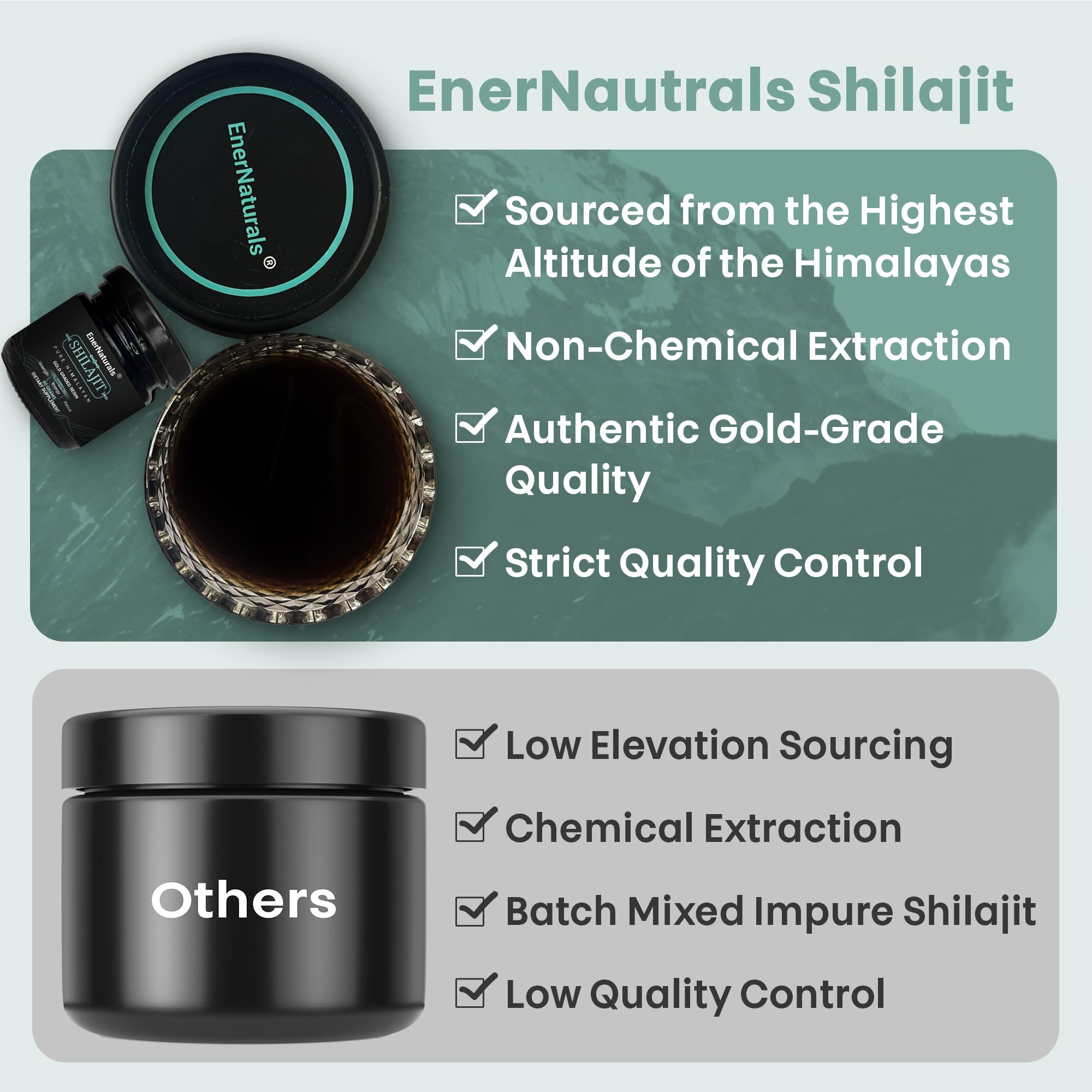 EnerNaturals Shilajit resin lab certification badge emphasizing safety testing