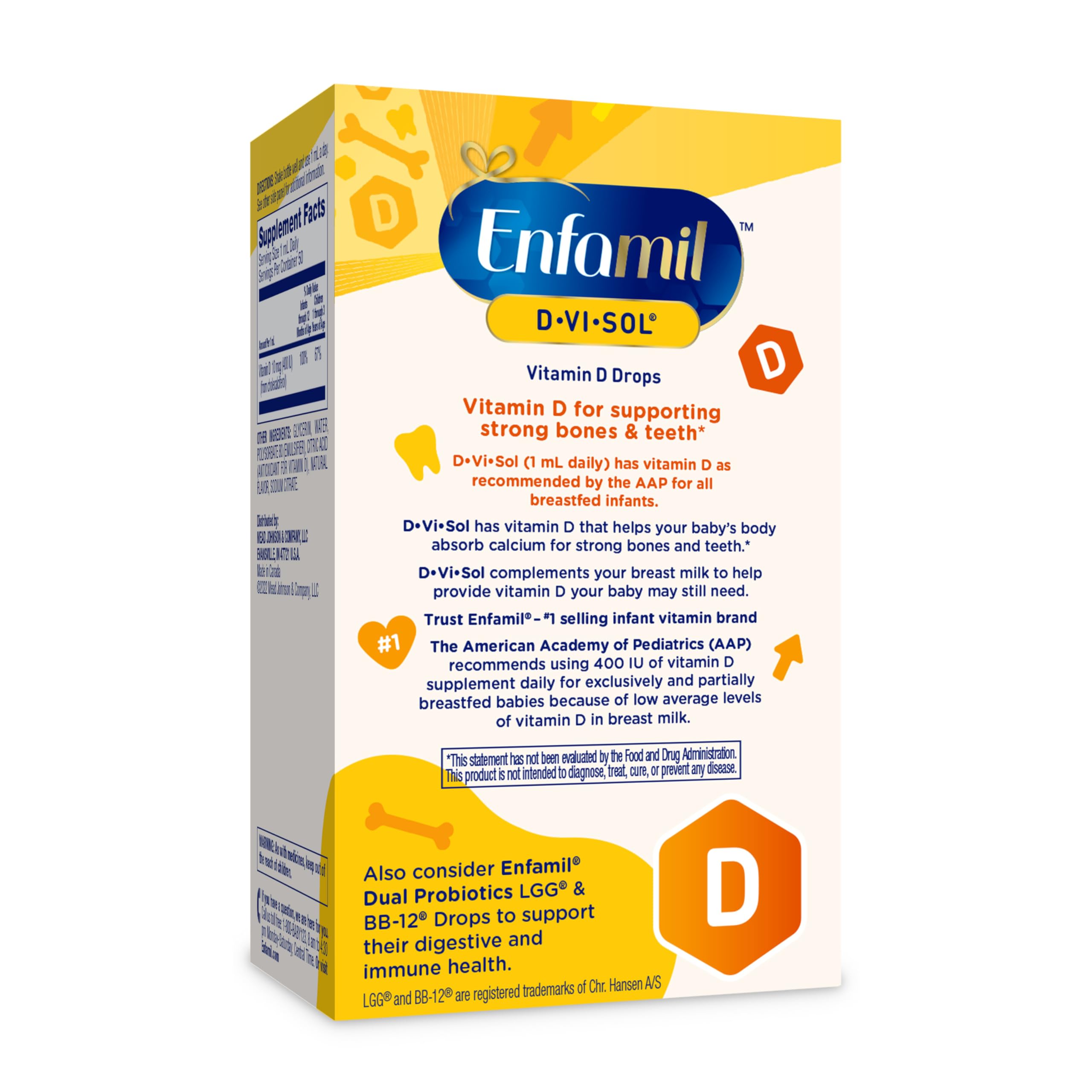 Enfamil D-Vi-Sol bottle close-up with dropper and label.