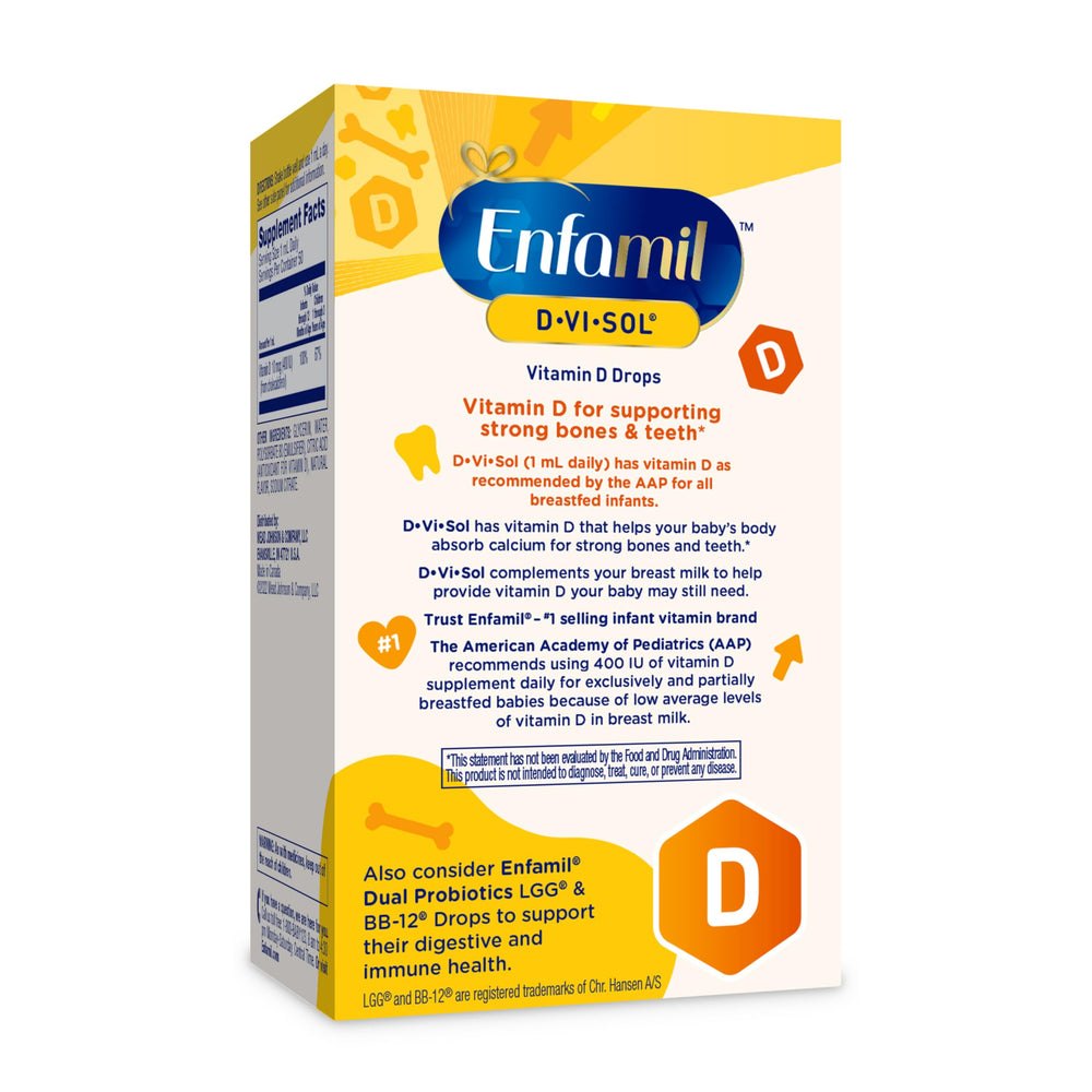 Enfamil D-Vi-Sol bottle close-up with dropper and label.