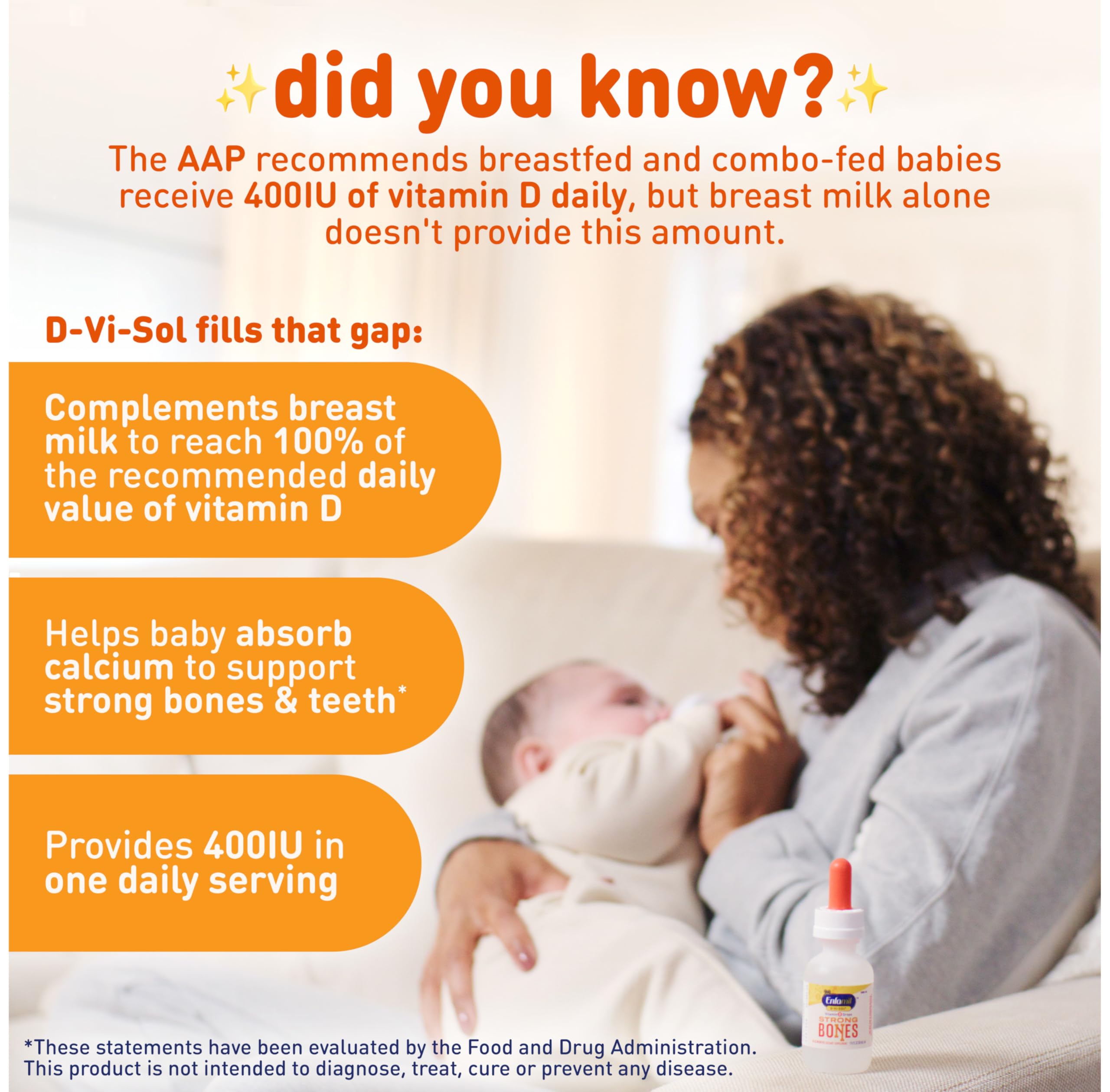 Enfamil D-Vi-Sol bottle shown for easy mixing into breast milk.
