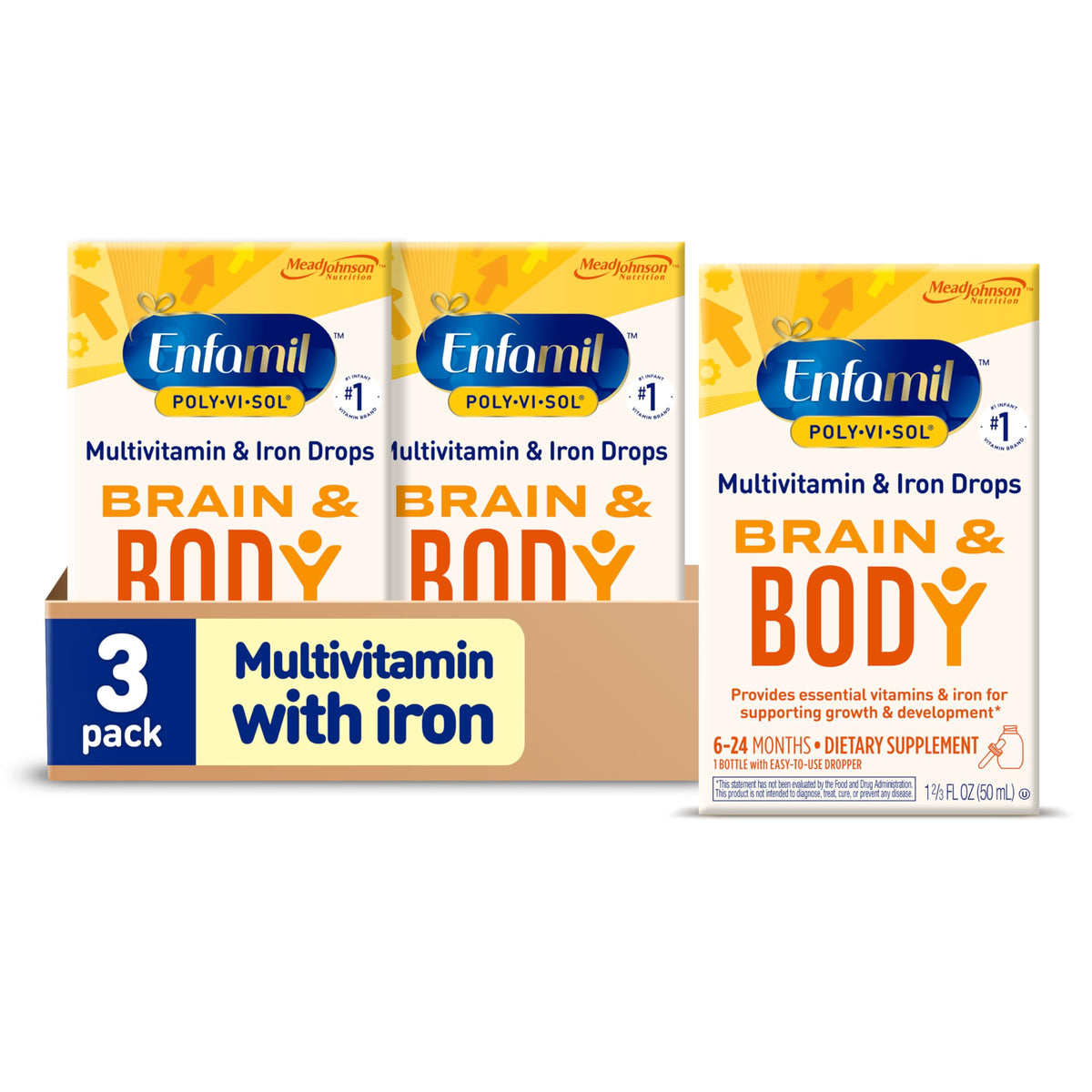 Enfamil Poly-Vi-Sol bottle front showing brand and daily vitamin support for infants