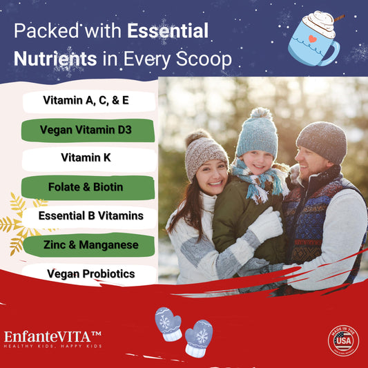 EnfanteVITA powder scoop dispensing highlights easy daily dosing for kids