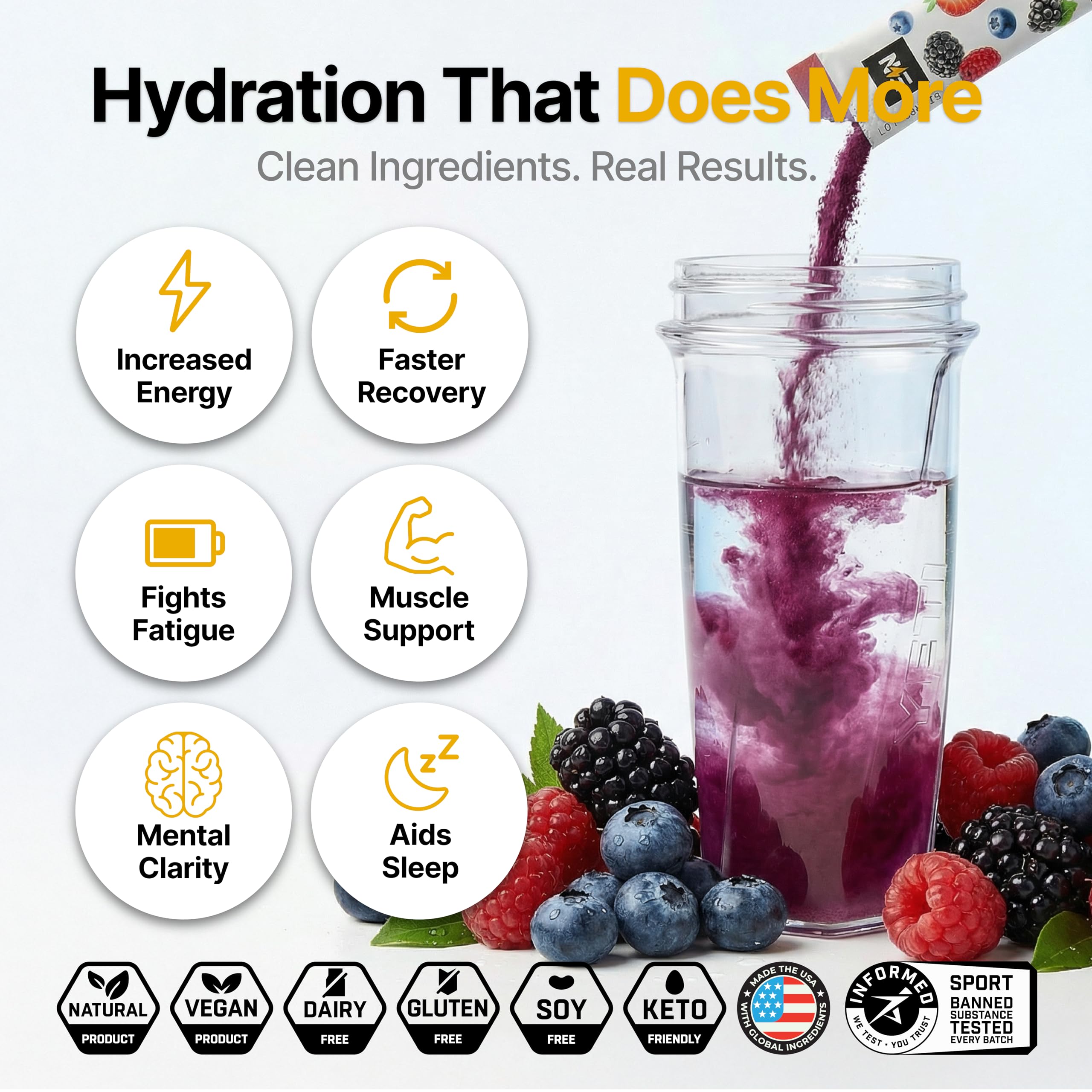 Engineered Nutrition electrolyte packet close-up showing powder and vibrant berry color for quick hydration