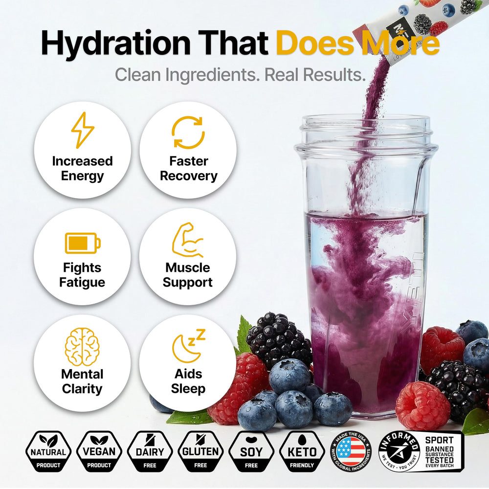 Engineered Nutrition electrolyte packet close-up showing powder and vibrant berry color for quick hydration