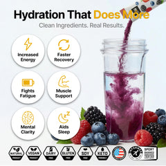 Engineered Nutrition electrolyte packet close-up showing powder and vibrant berry color for quick hydration