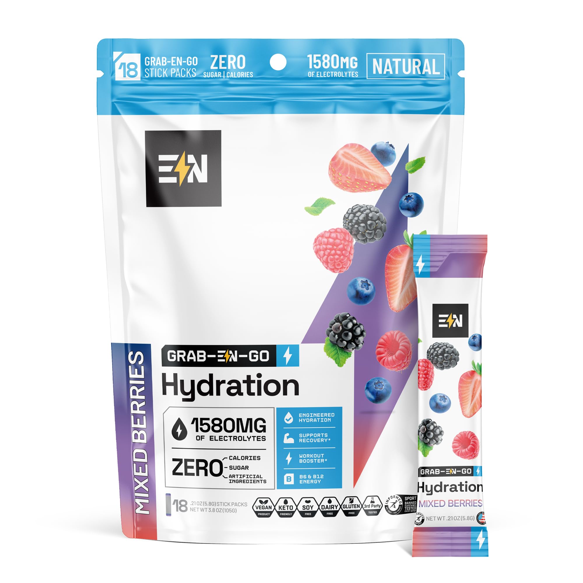 Engineered Nutrition sugar-free electrolyte packet front view with mixed berries flavor for on-the-go hydration
