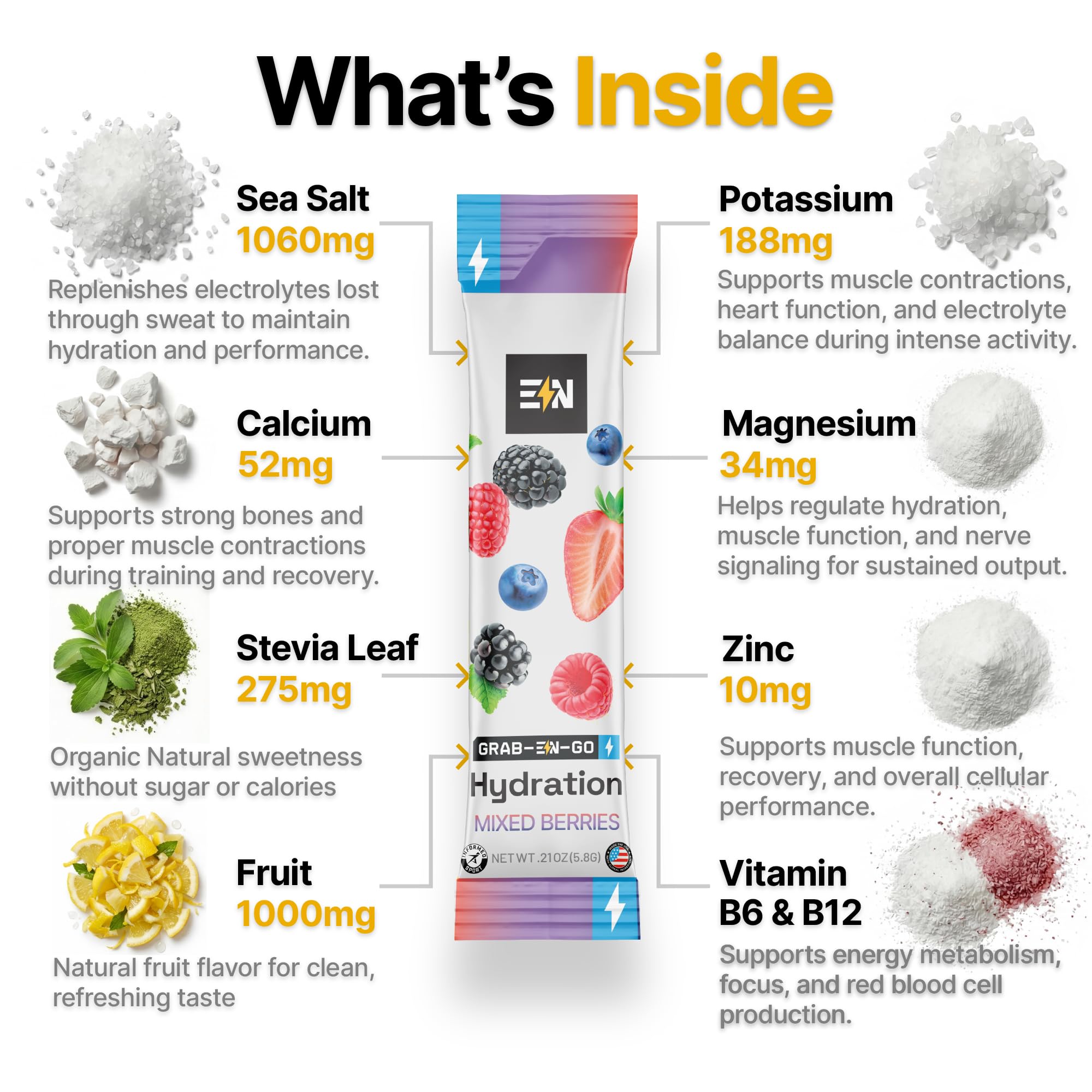 Engineered Nutrition mixed berries electrolyte packet poured into water for a crisp zero-calorie drink