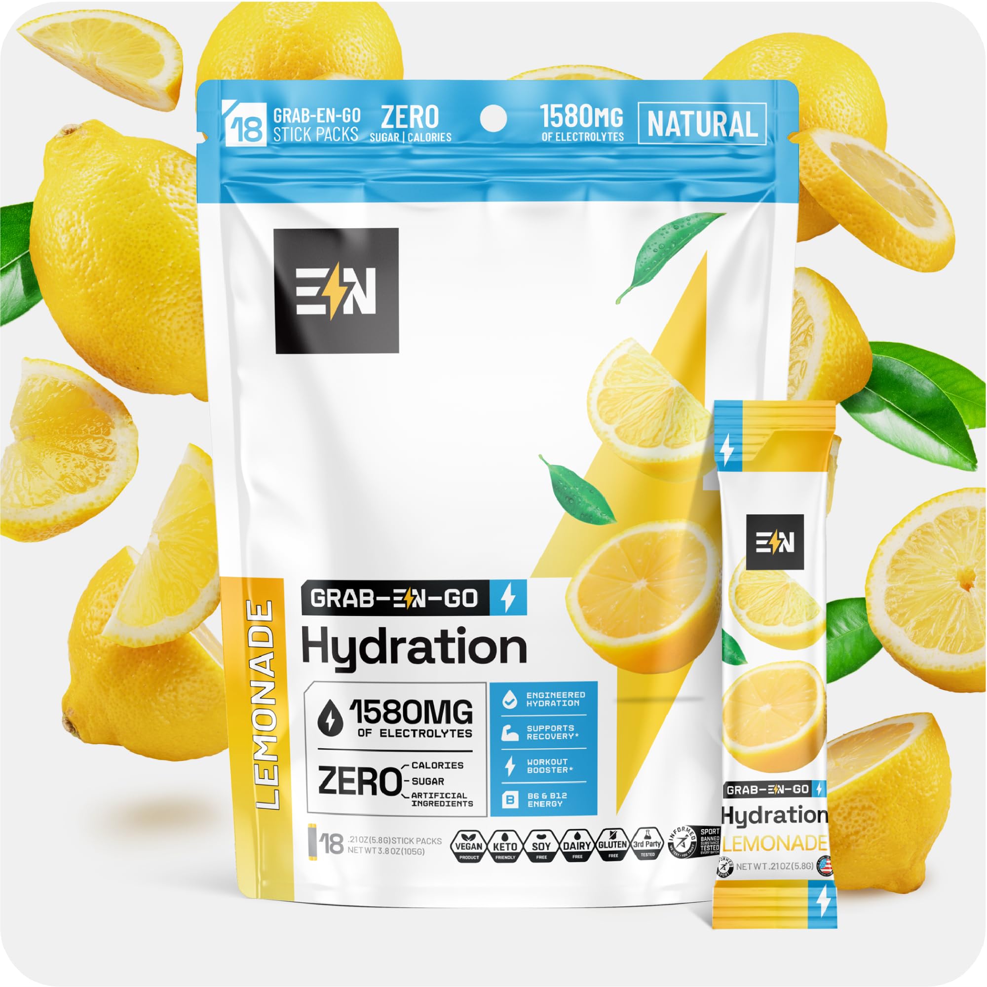 Engineered Nutrition sugar-free electrolyte packets in a glass for quick hydration