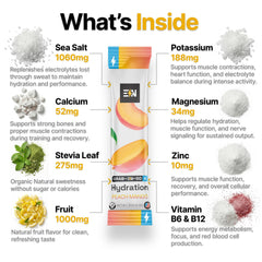Engineered Nutrition peach mango packet in a glass of water for hydration.