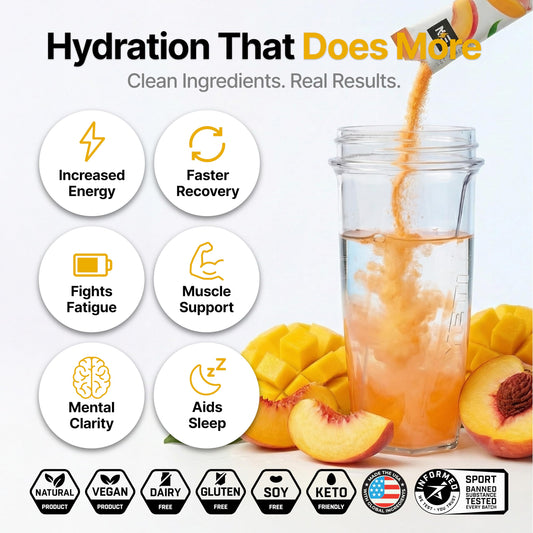 Engineered Nutrition peach mango packet ready to pour for on-the-go hydration.