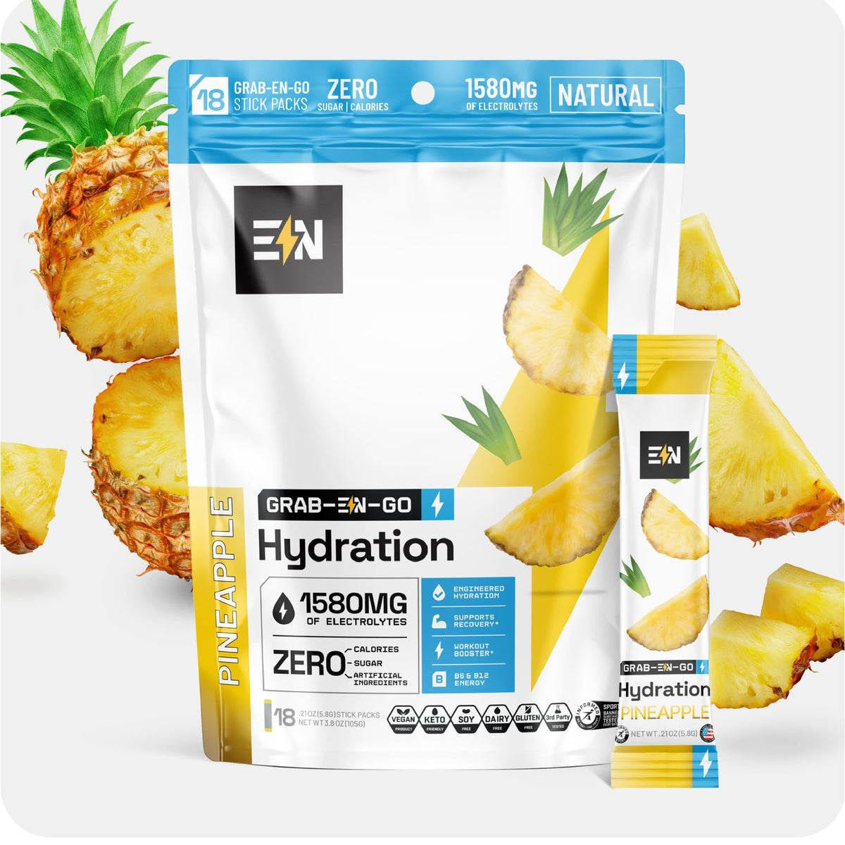 Engineered Nutrition pineapple electrolyte packets front view showing zero-calorie hydration option for keto and vegan lifestyles
