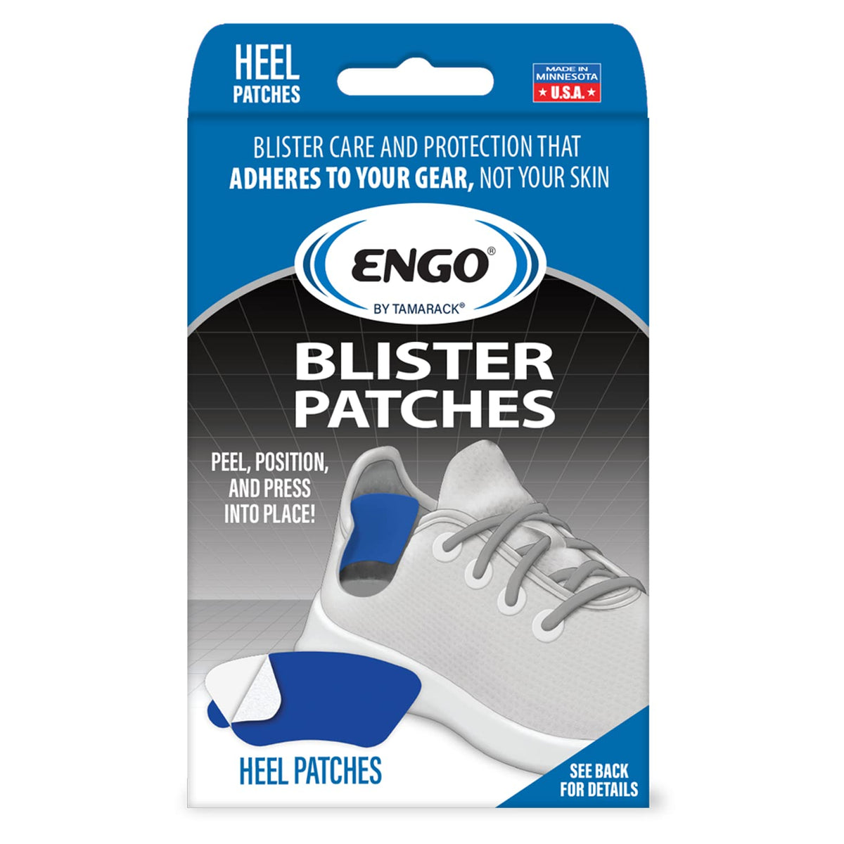 ENGO patches applied to the heel area reduce friction to prevent blisters.