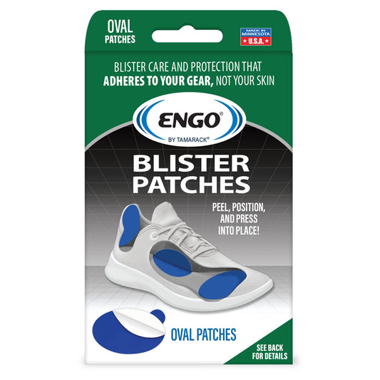 Engo small oval blister patches applied inside footwear reduce friction and blister risk.