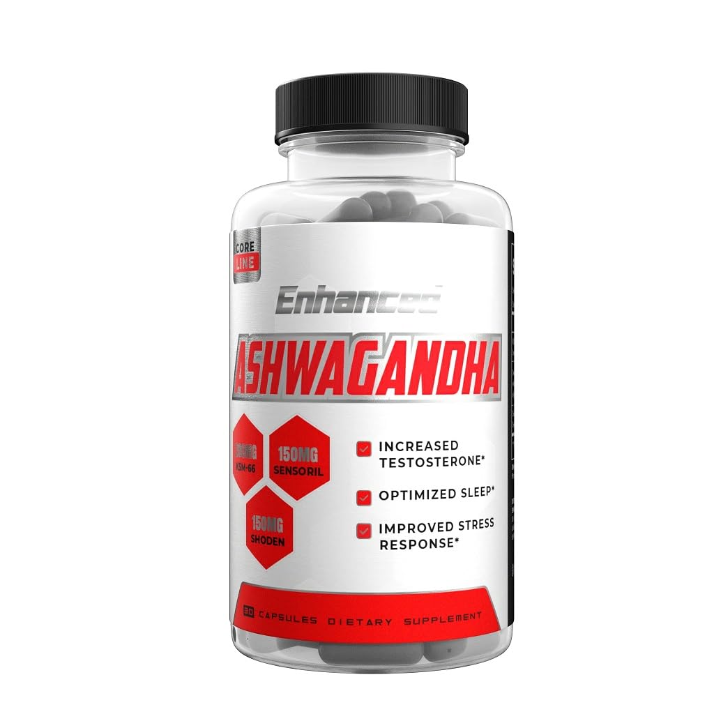 Enhanced Ashwagandha capsules bottle front for calm focus during busy days.