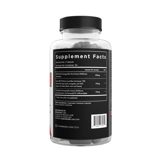 Enhanced Ashwagandha capsules closeup shows triple-strength blend for stress resilience.
