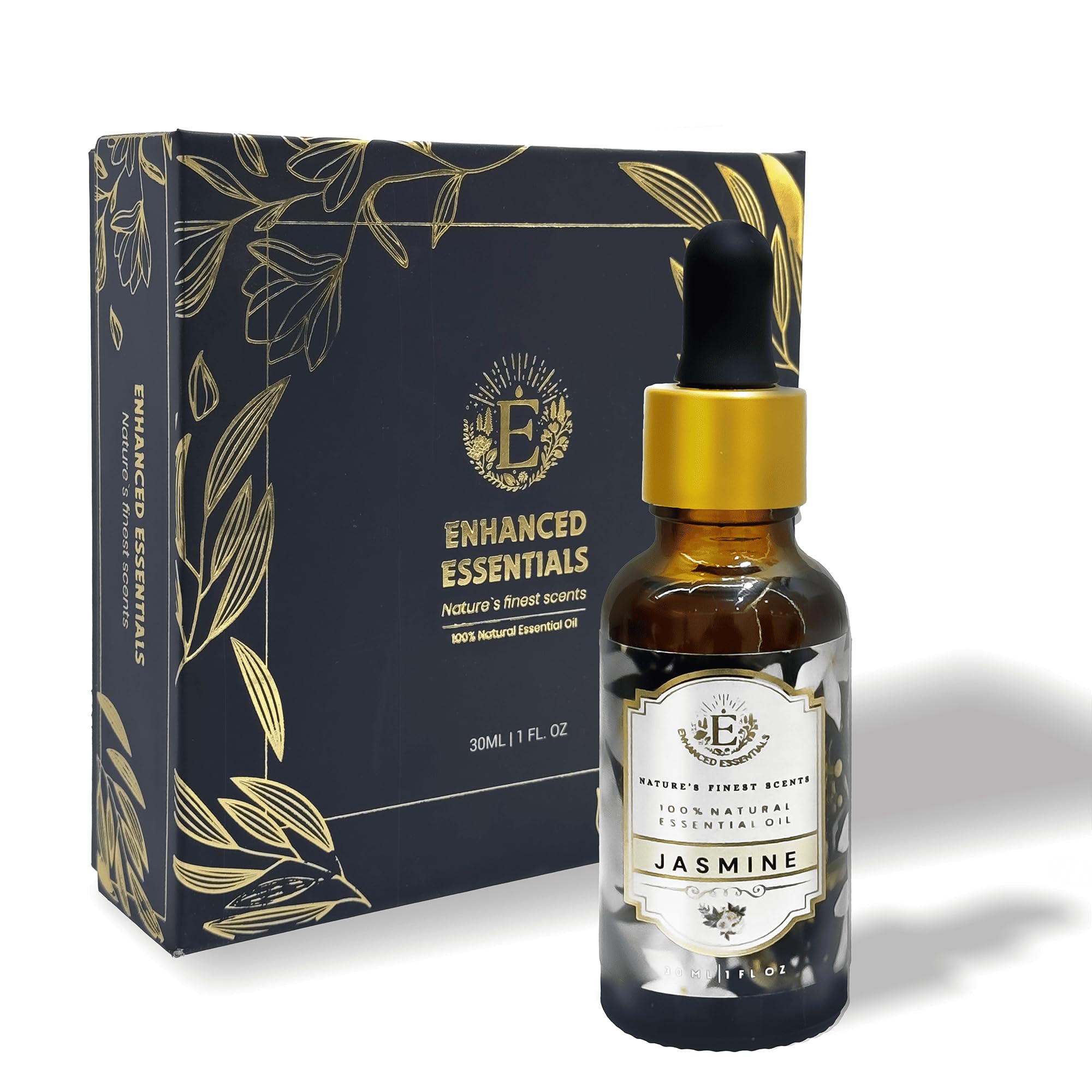 Enhanced Essentials Absolute Jasmine bottle in moonlit glow promotes a soothing mood and atmosphere.