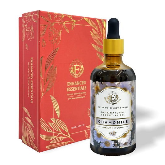 Enhanced Essentials Chamomile oil bottle in amber glass for premium storage and gifting.