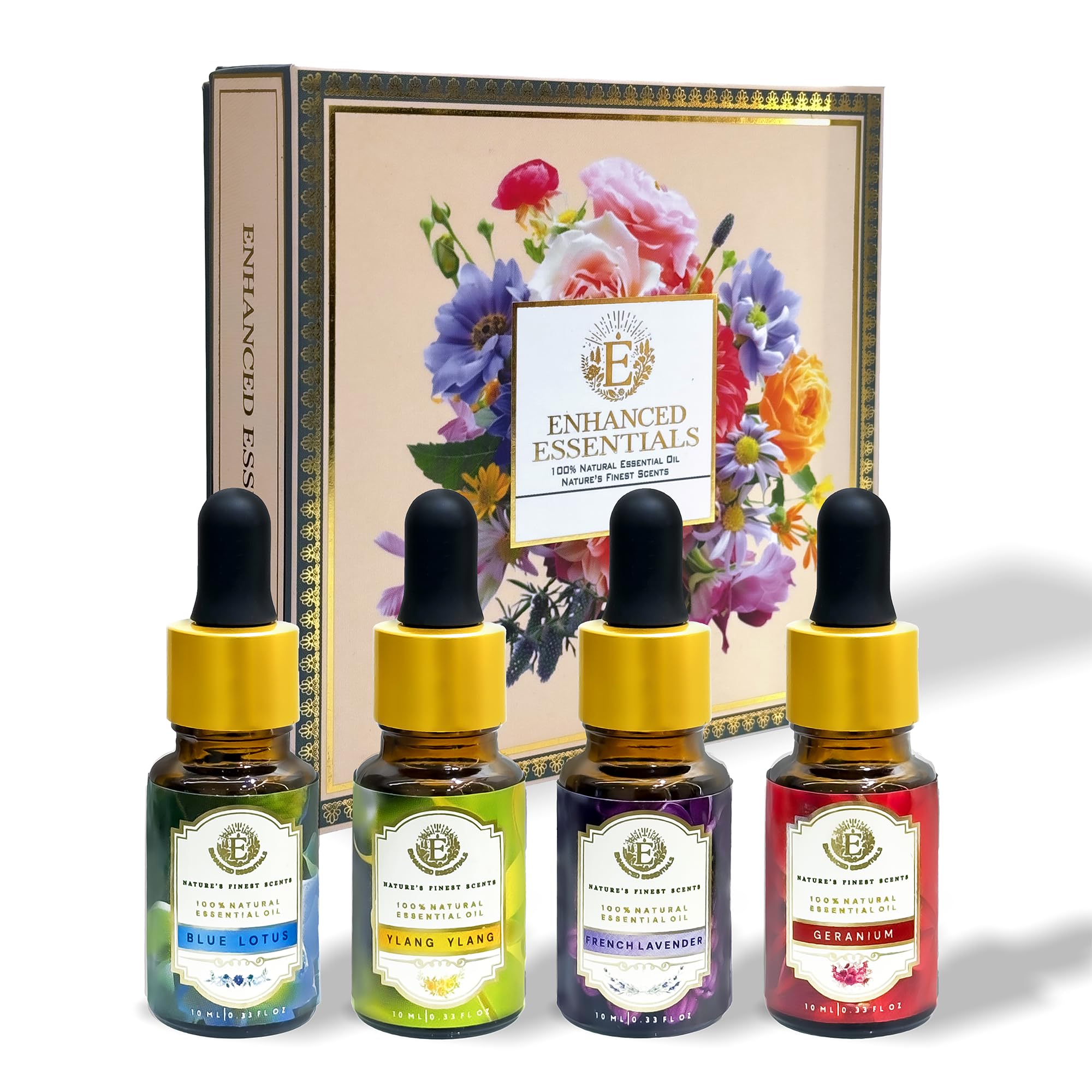 Enhanced Essentials Floral Serenity box ready for gifting with four premium oils