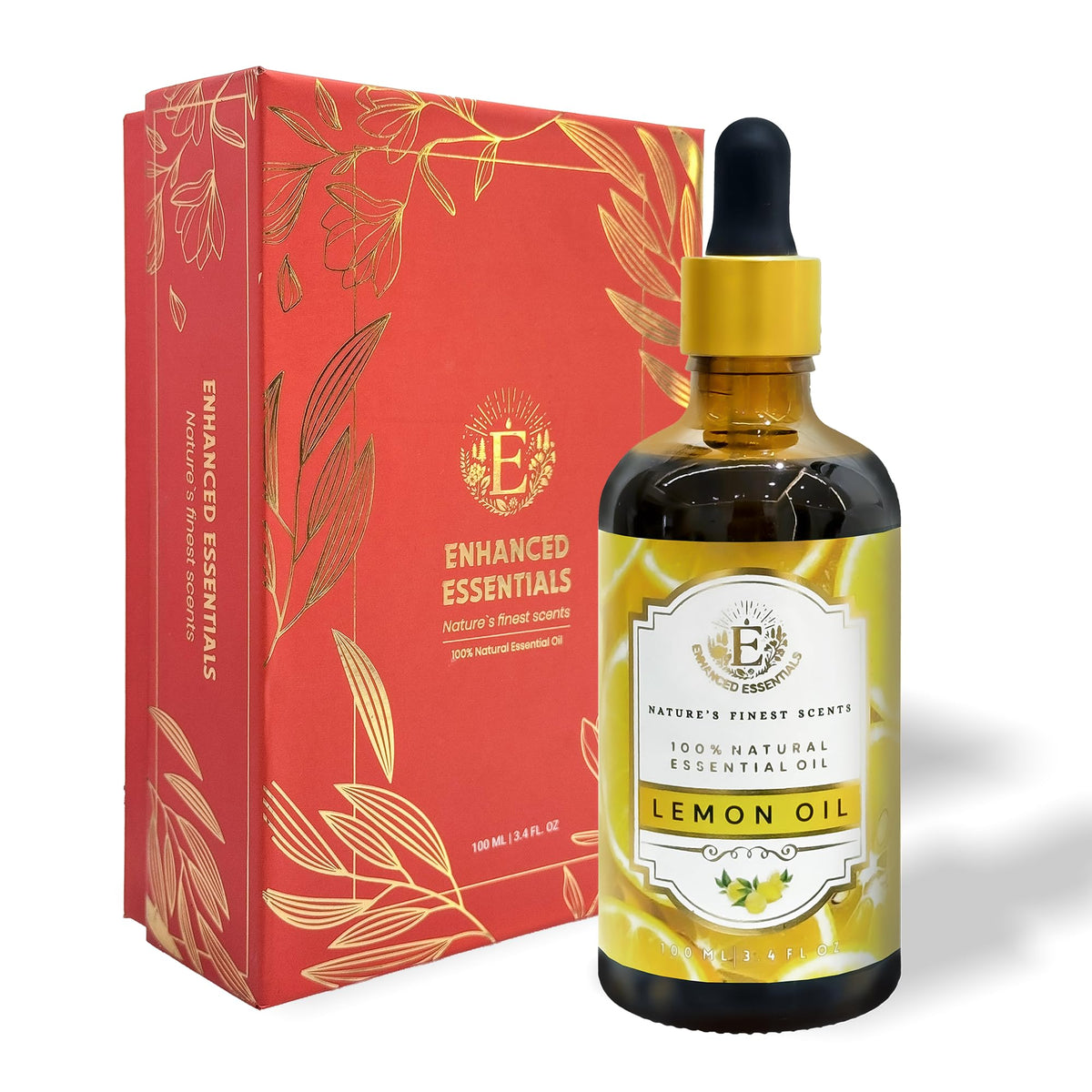 Enhanced Essentials lemon essential oil bottle with dropper for diffusers and cleaning.