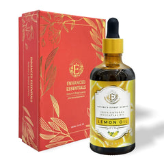 Enhanced Essentials lemon essential oil bottle with dropper for diffusers and cleaning.
