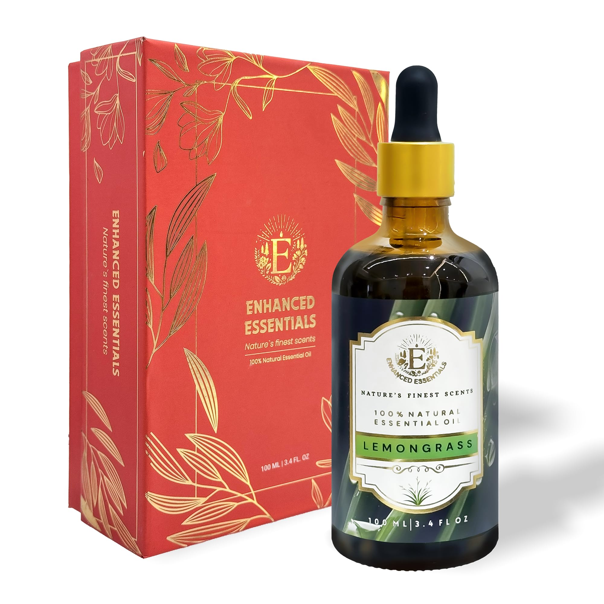 Enhanced Essentials Lemongrass essential oil bottle ready for diffusion and fragrance.
