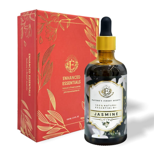 Enhanced Essentials Jasmine essential oil bottle on display, premium aroma for mood uplift.