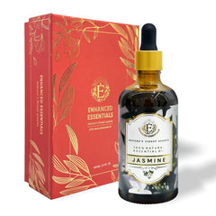 Enhanced Essentials Jasmine essential oil bottle on display, premium aroma for mood uplift.
