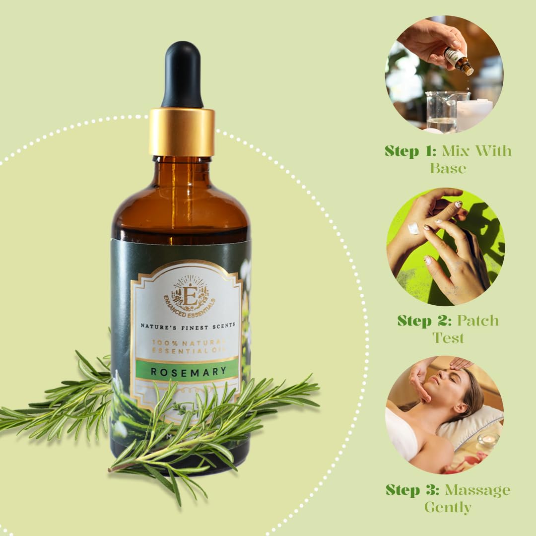 Spa-ready Enhanced Essentials rosemary oil beside bath elements for a soothing routine.