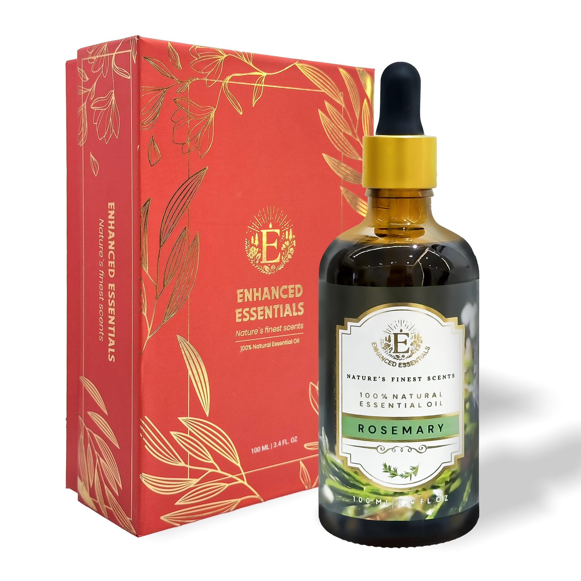 Enhanced Essentials rosemary essential oil bottle in amber glass with dropper for pure fragrance use.