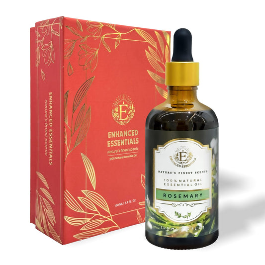 Enhanced Essentials rosemary essential oil bottle in amber glass with dropper for pure fragrance use.