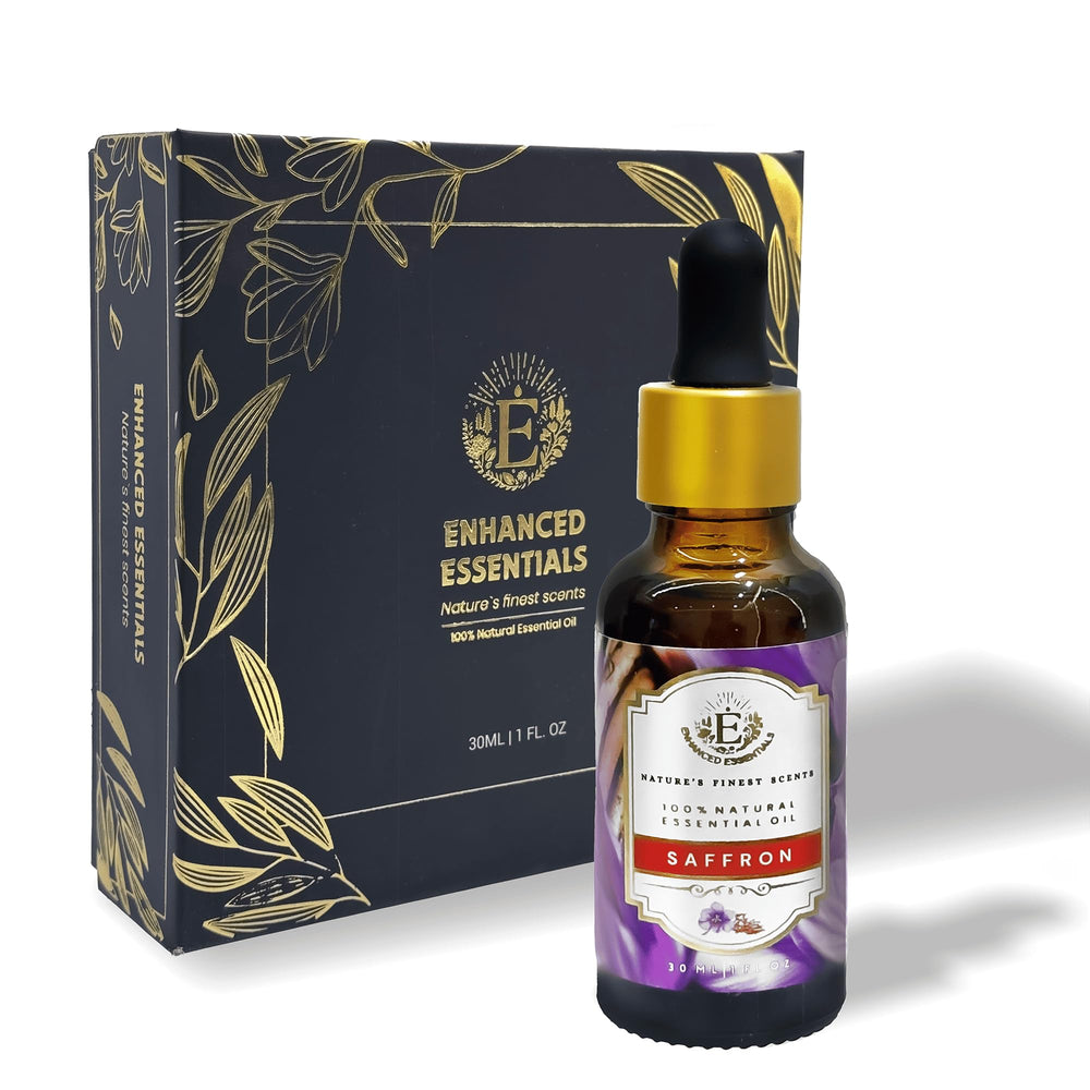Enhanced Essentials Saffron Essential Oil bottle close-up, highlighting premium purity for diffuser use.