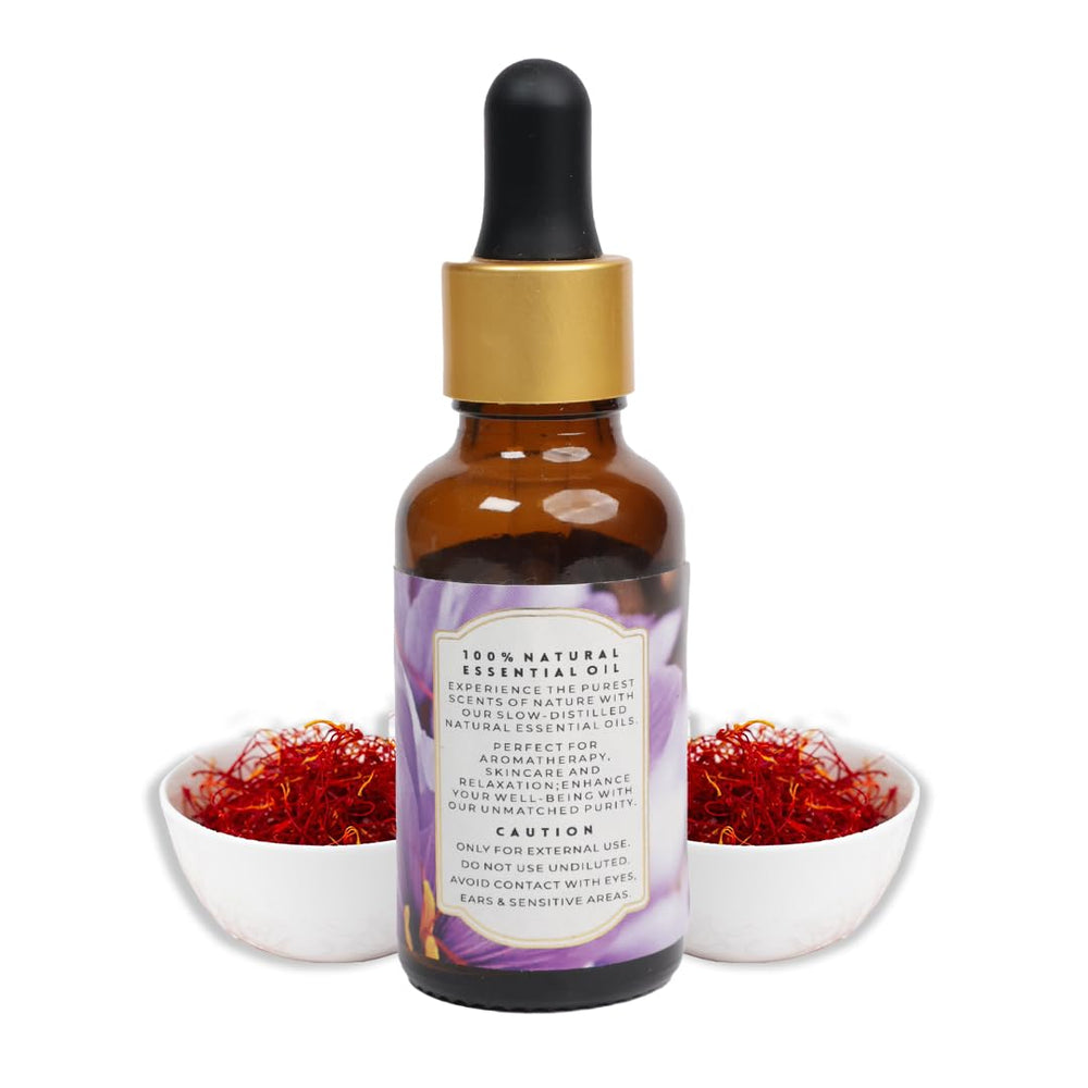 Enhanced Essentials Saffron Oil calming blend label indicating soothing essential oil mix.