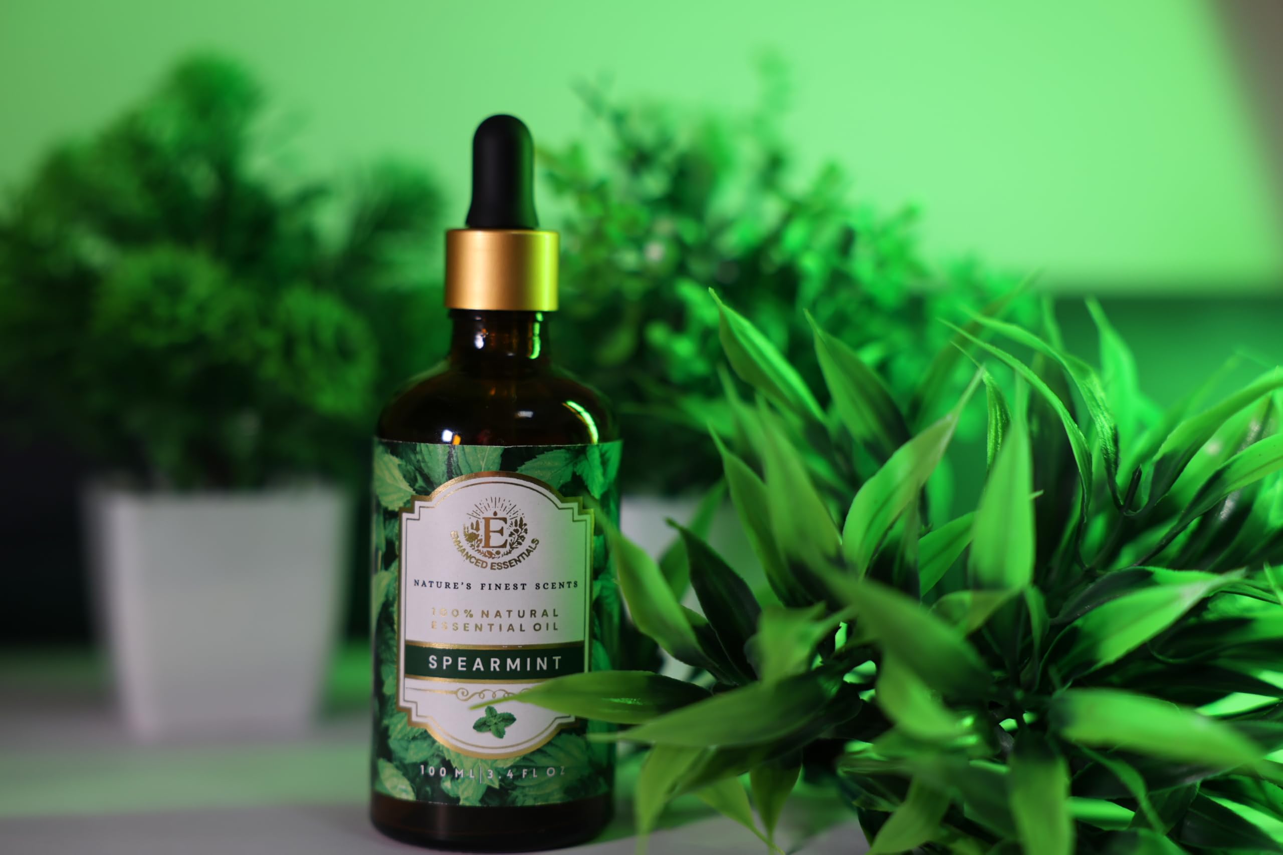 Enhanced Essentials Spearmint amber glass bottle protects potency