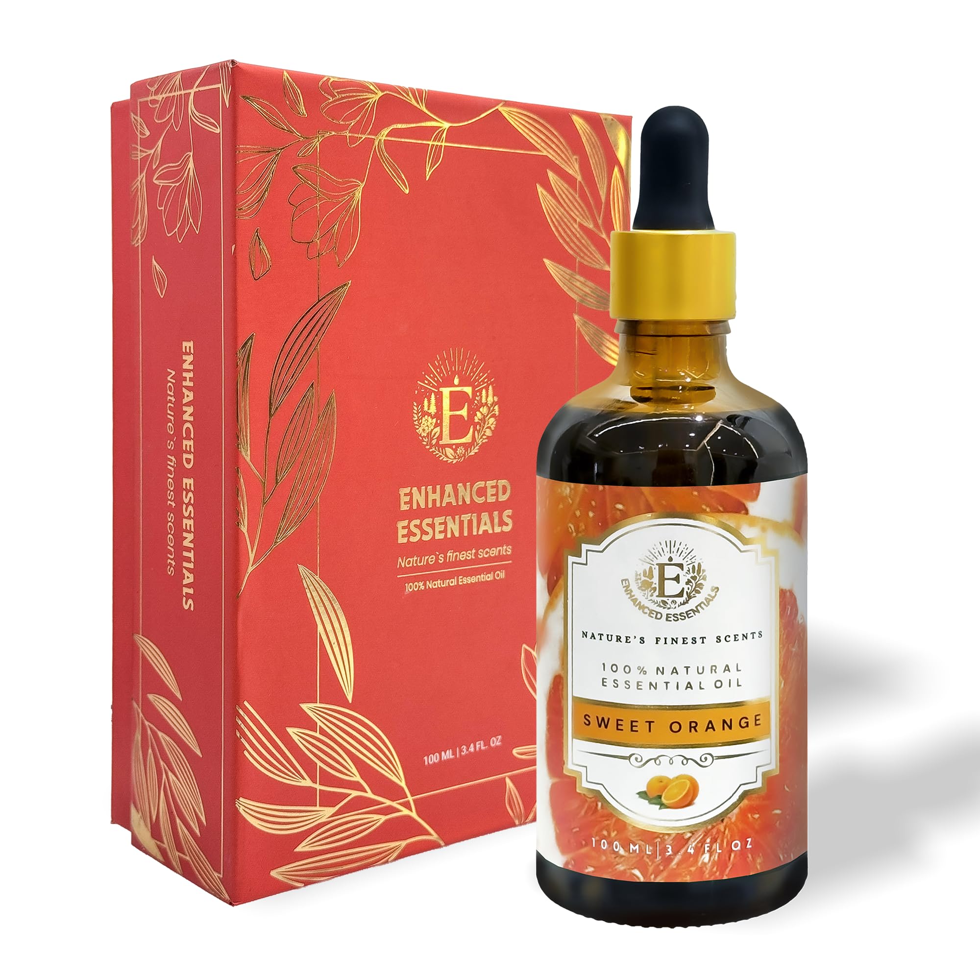 Enhanced Essentials Sweet Orange Oil bottle in amber glass for uplifting diffuser use