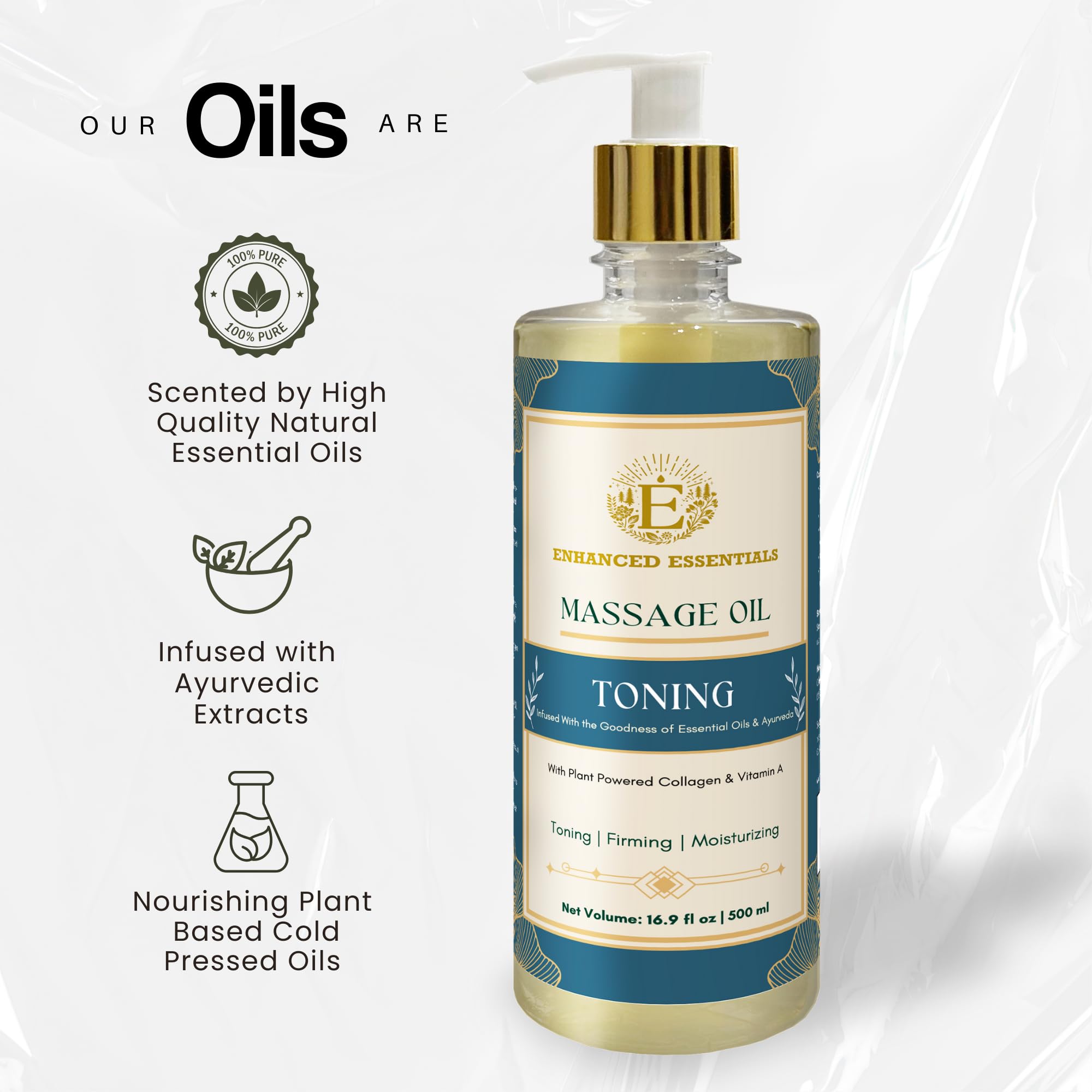 Enhanced Essentials Toning Oil label closeup with clean, plant-based ingredients