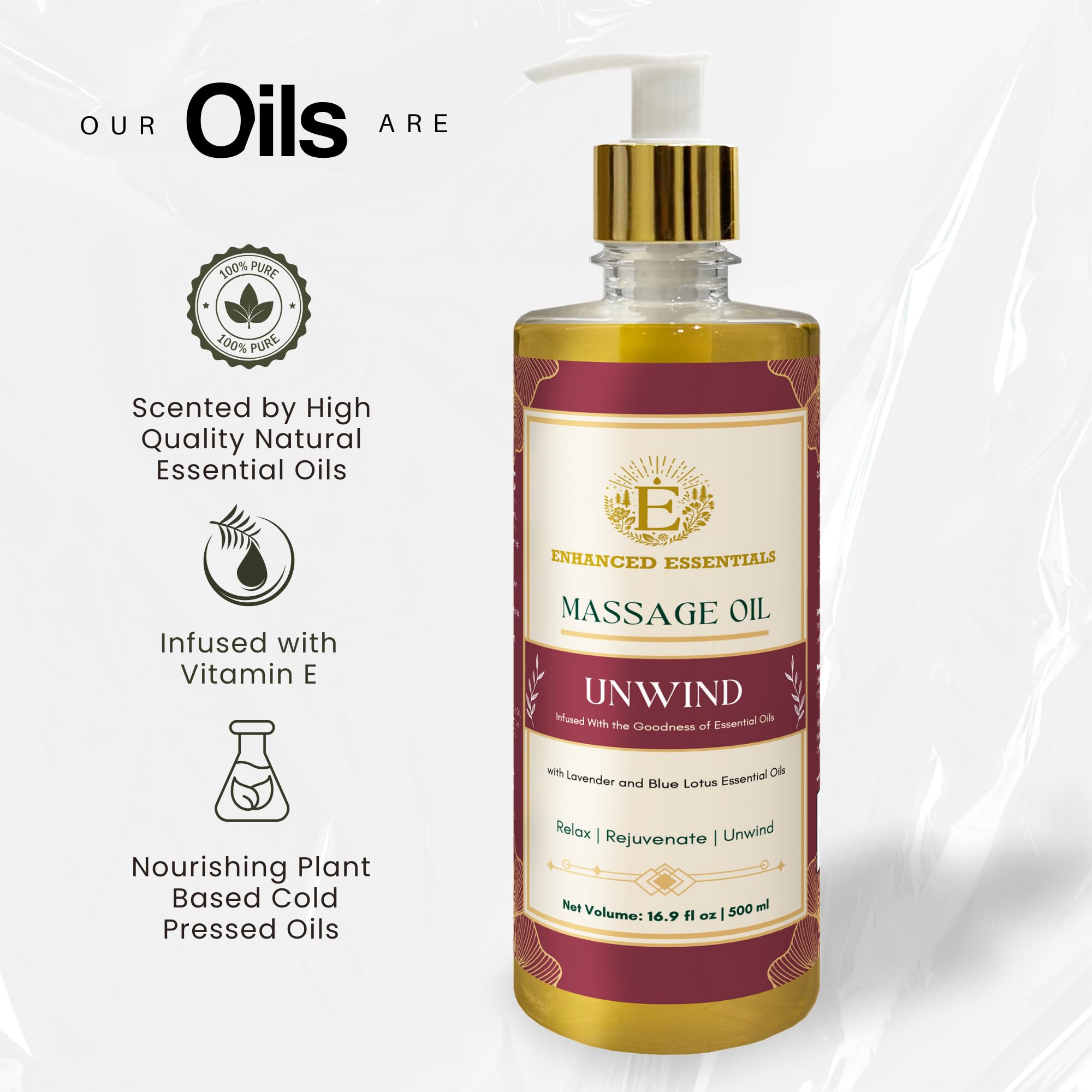 Enhanced Essentials Unwind label close-up with pure essential oils for spa-like calm