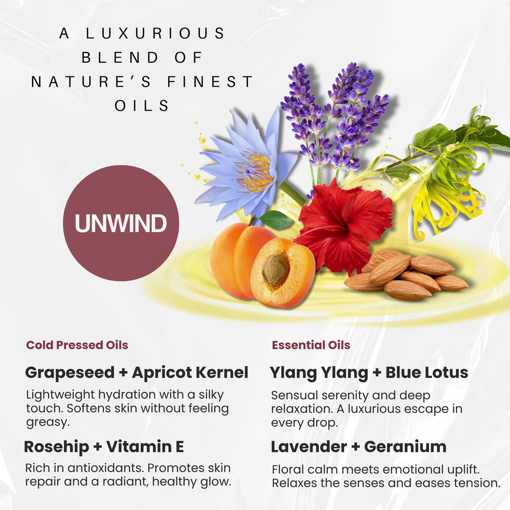 Enhanced Essentials Unwind rosehip oil drop highlights skin hydration