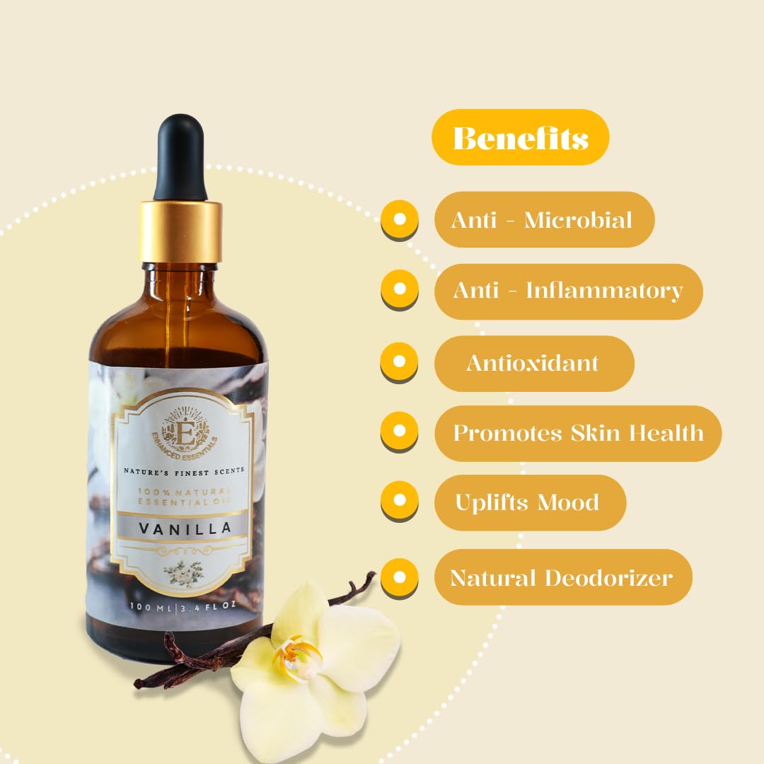 Amber glass Enhanced Essentials Vanilla Oil bottle protects aroma