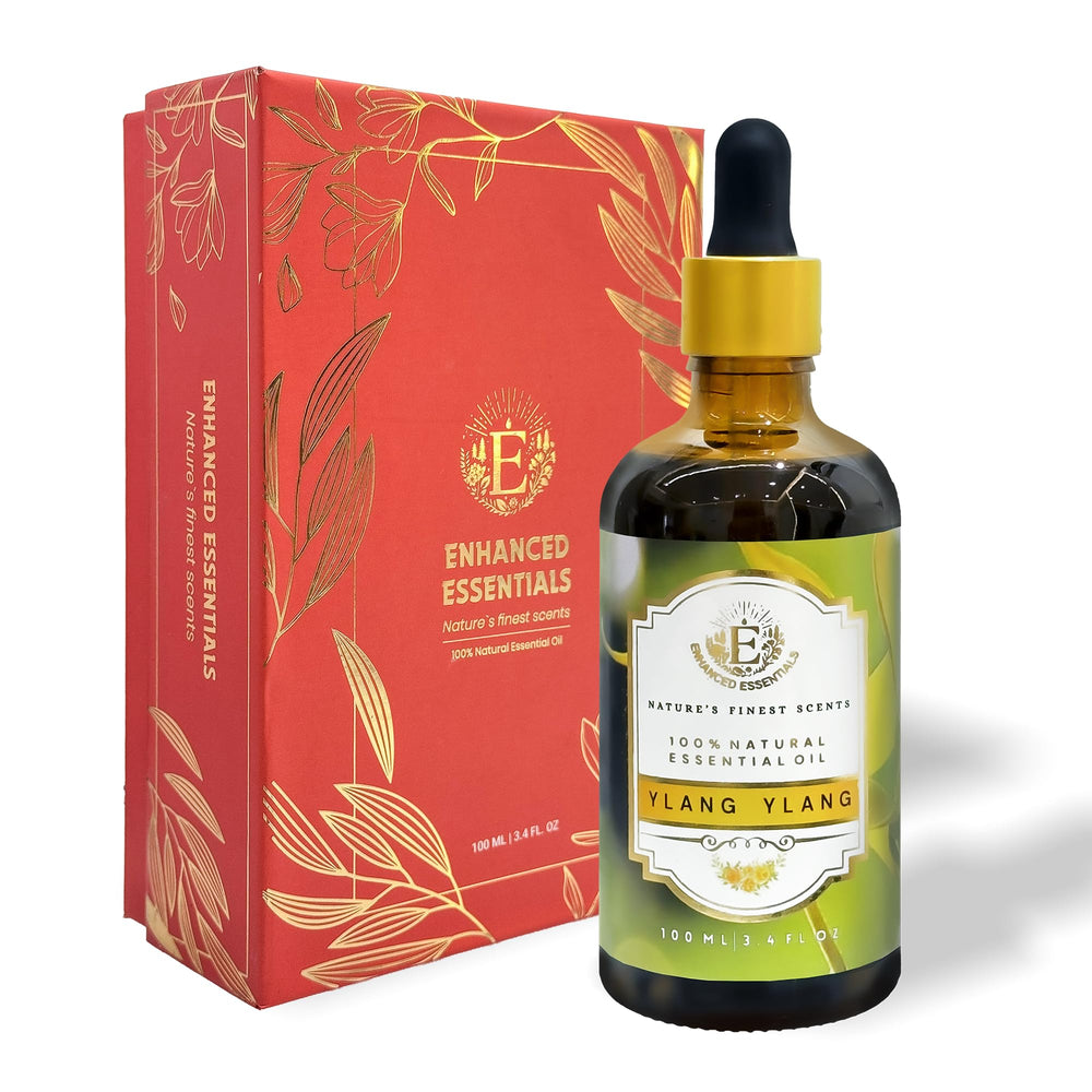 Enhanced Essentials Ylang Ylang essential oil bottle with dropper for precise aroma blending.