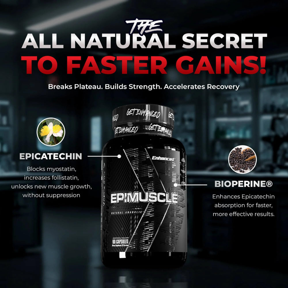  Enhanced Labs Epimuscle capsules close-up showing easy-to-swallow capsules for daily use.
