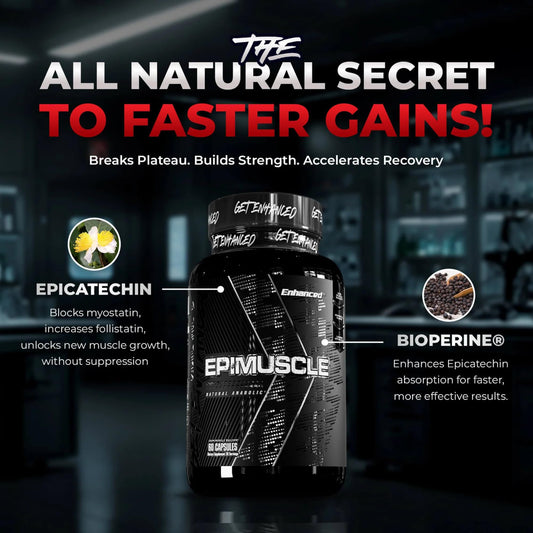  Enhanced Labs Epimuscle capsules close-up showing easy-to-swallow capsules for daily use.